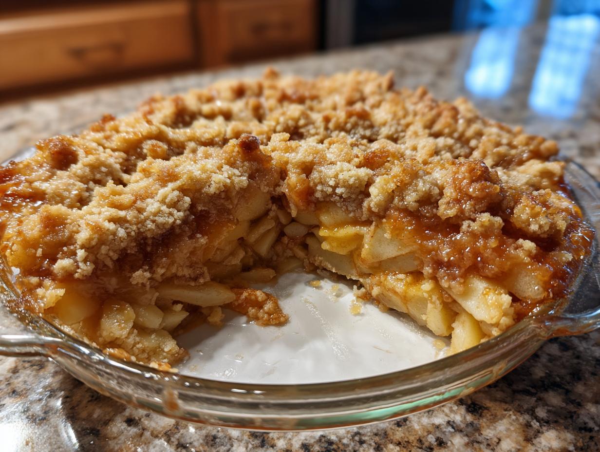 A close-up of a freshly baked Apple Snickerdoodle Dump Cake in a glass pie dish, showing layers of tender apples and a golden crumble topping.