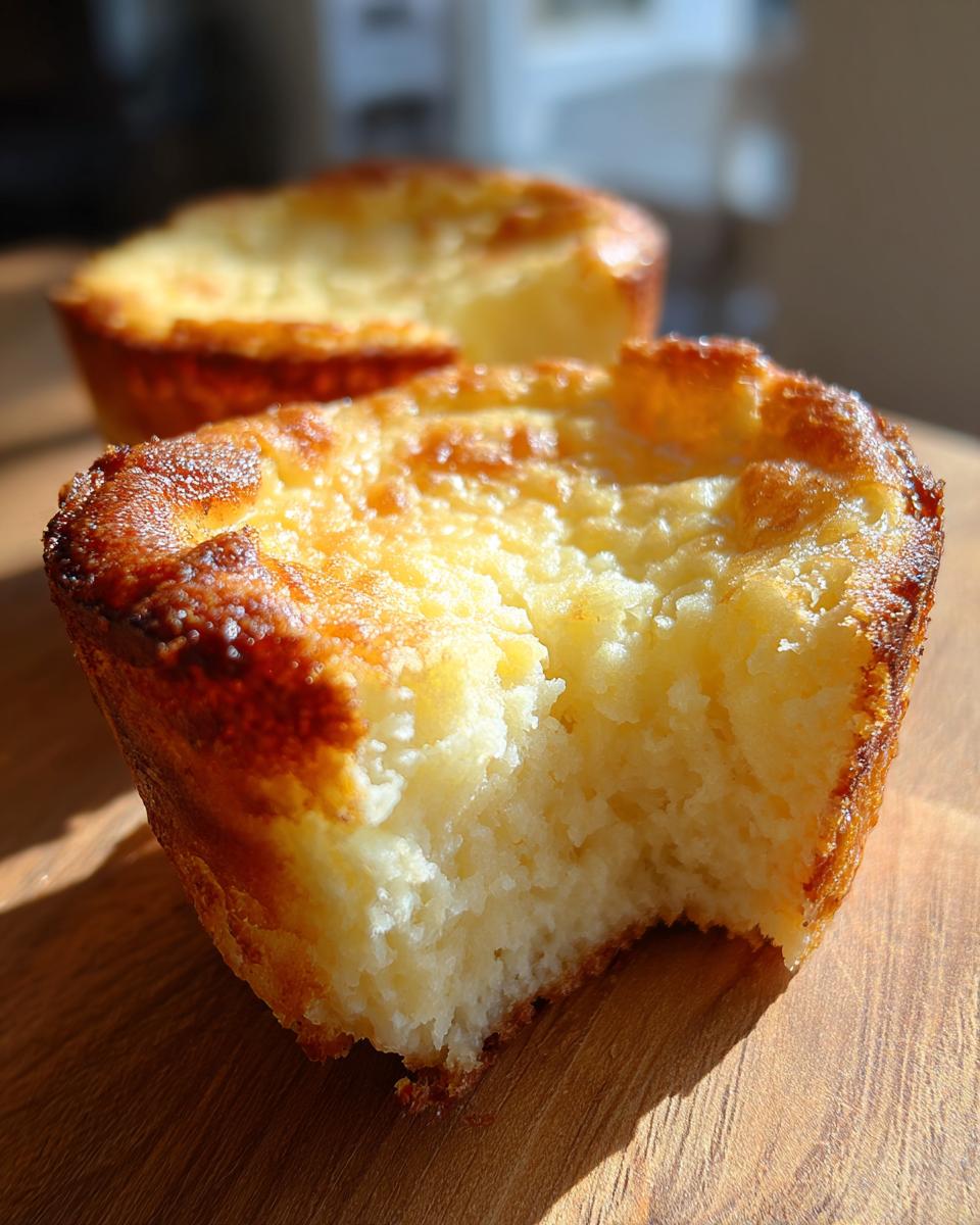 A close-up of a baby lemon impossible pie with a bite taken out, revealing a fluffy interior.