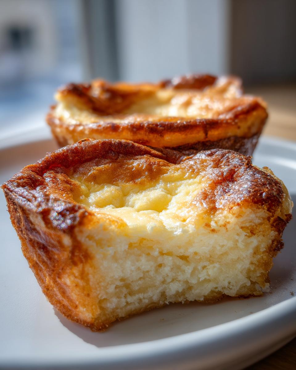 Close-up of a baked baby lemon impossible pie, showing its golden-brown crust and creamy interior.