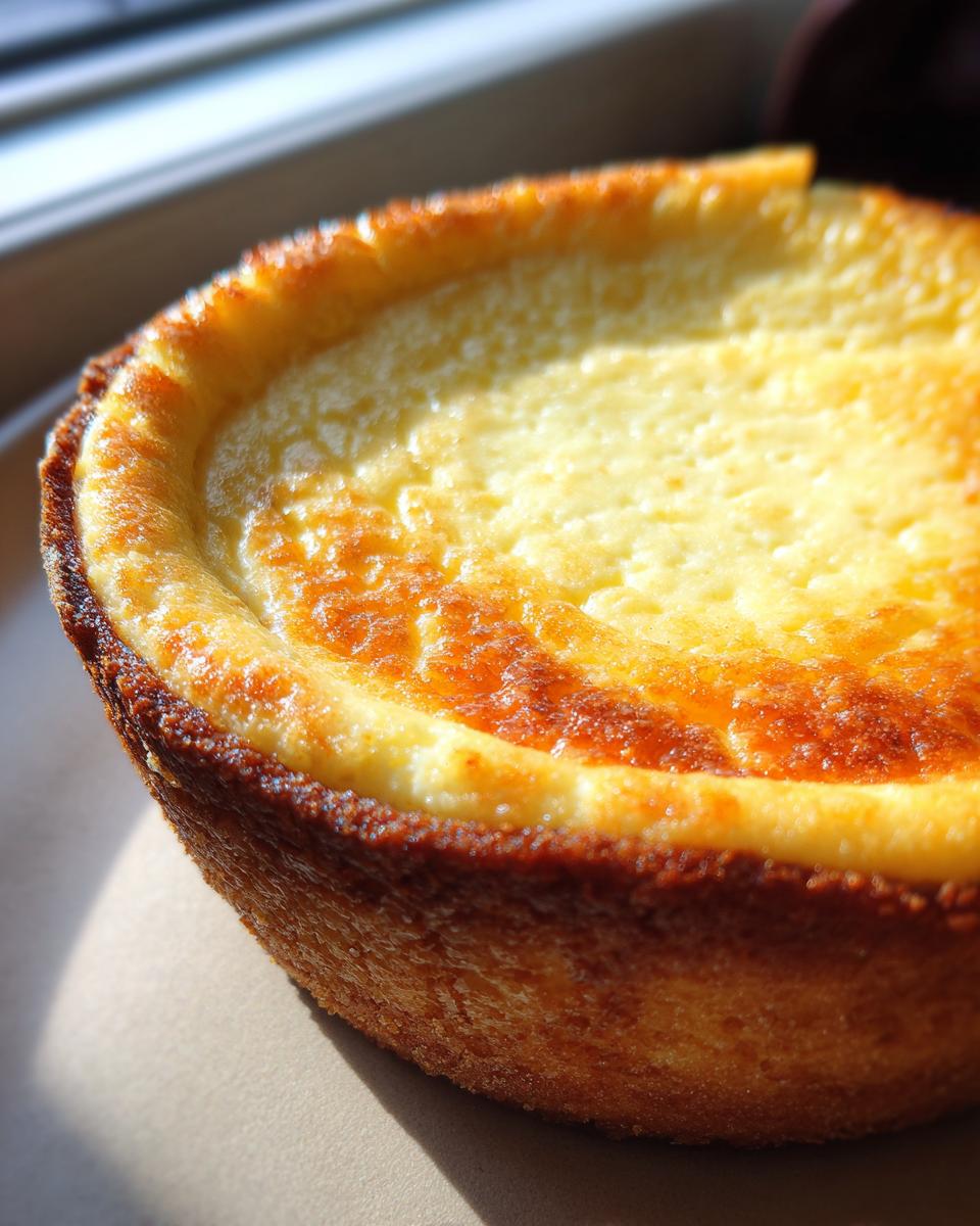 Close-up of a perfectly baked baby lemon impossible pie with a golden crust and creamy filling.