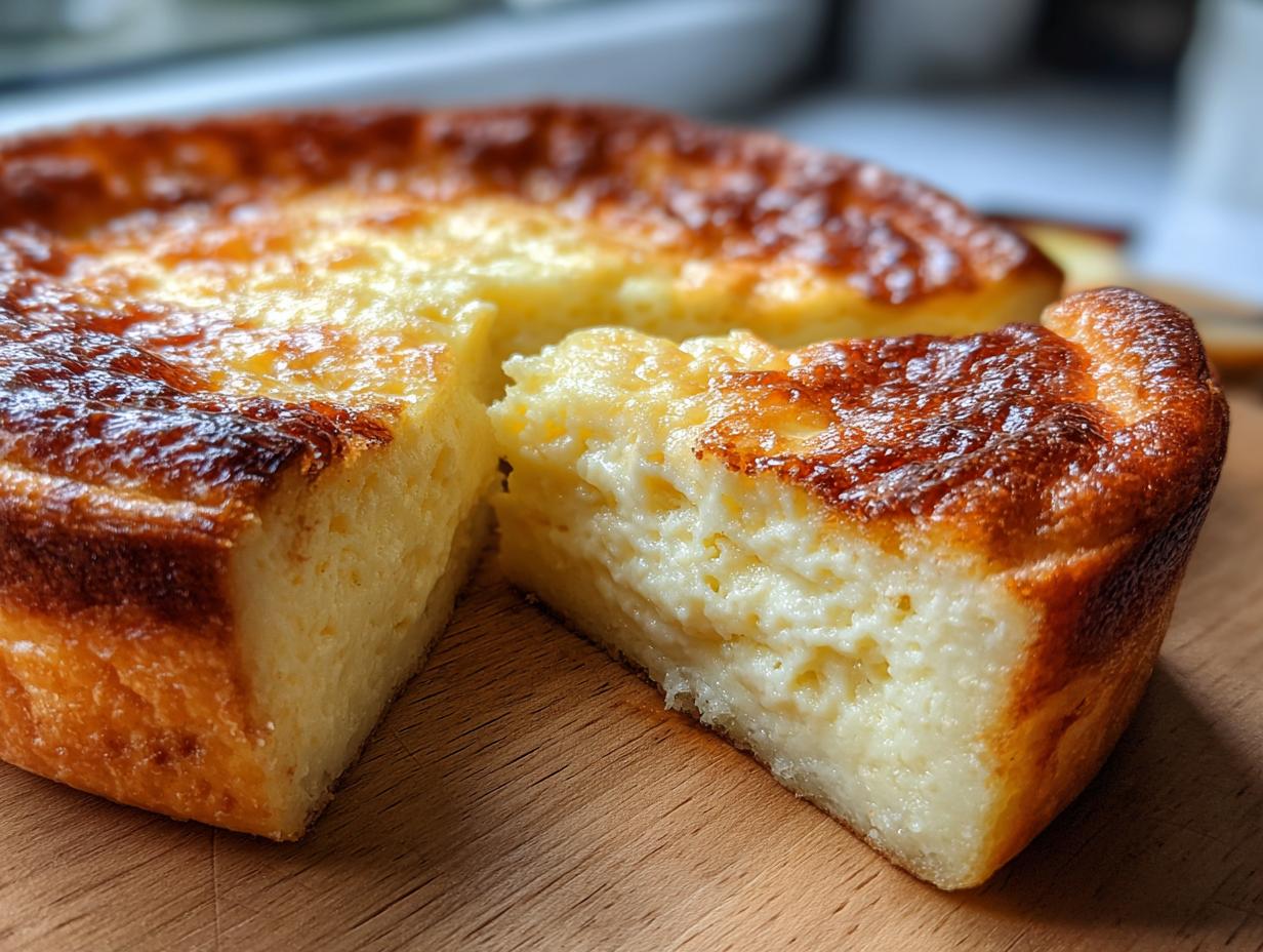 Close-up of a slice of baby lemon impossible pies on a wooden board, showing its fluffy texture.