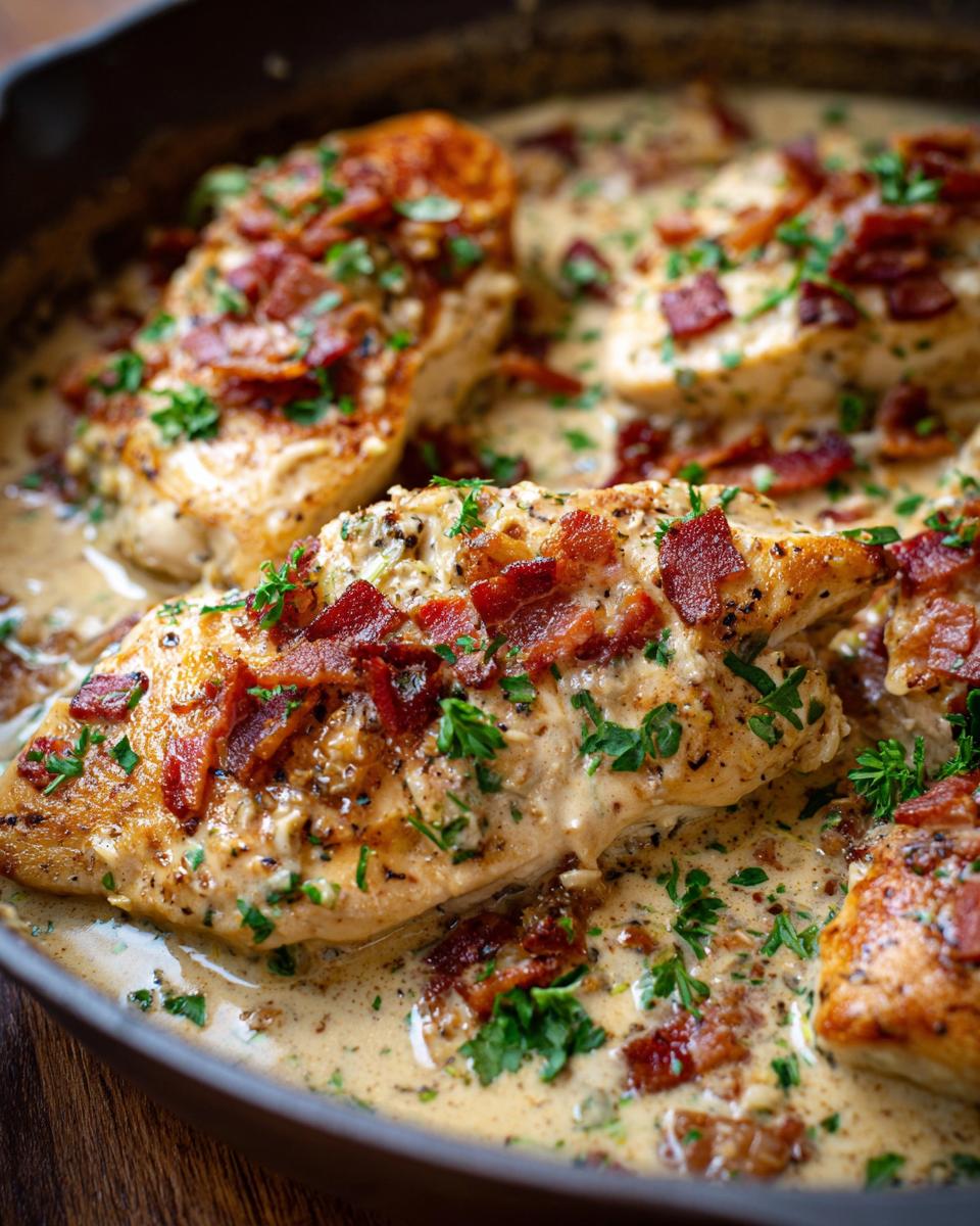 Close-up of succulent Bacon Garlic Parmesan Chicken breasts in a rich, creamy sauce, topped with crispy bacon bits and fresh parsley.