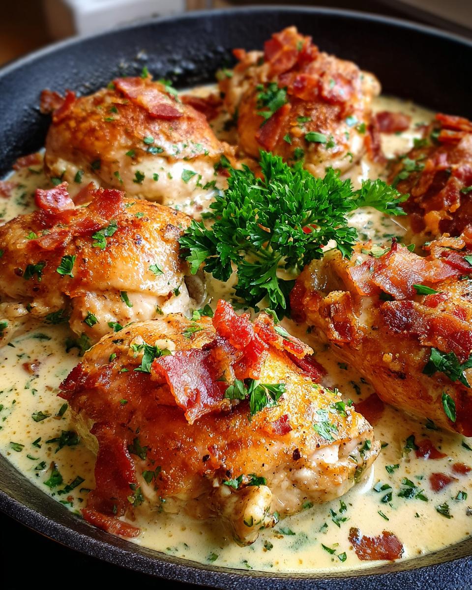 Close-up of Bacon Garlic Parmesan Chicken pieces in a creamy sauce, garnished with parsley.