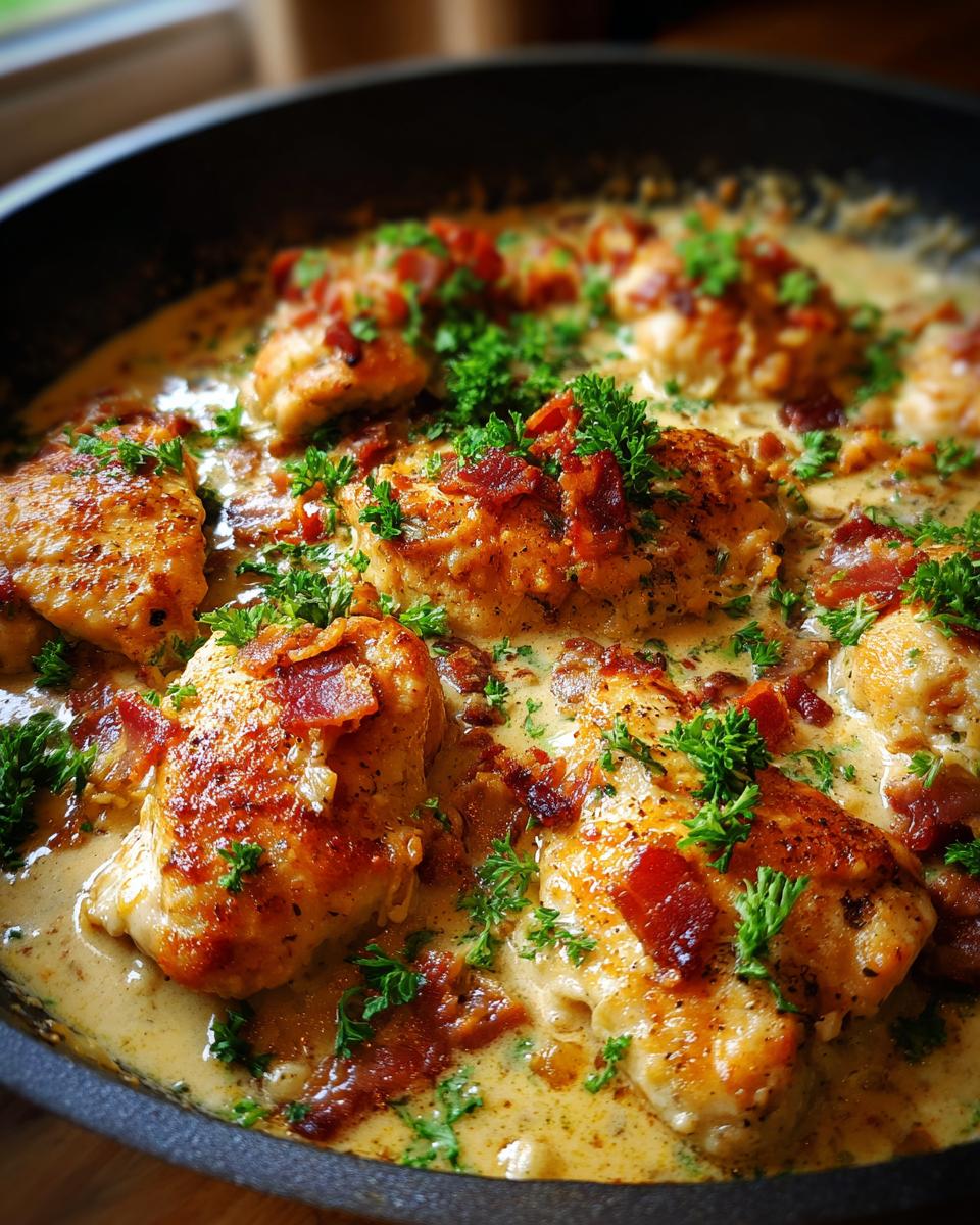Close-up of Bacon Garlic Parmesan Chicken pieces in a creamy sauce, garnished with parsley and bacon bits.