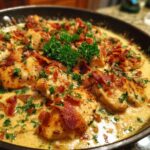 Close-up of Bacon Garlic Parmesan Chicken in a creamy sauce, topped with parsley and bacon bits.