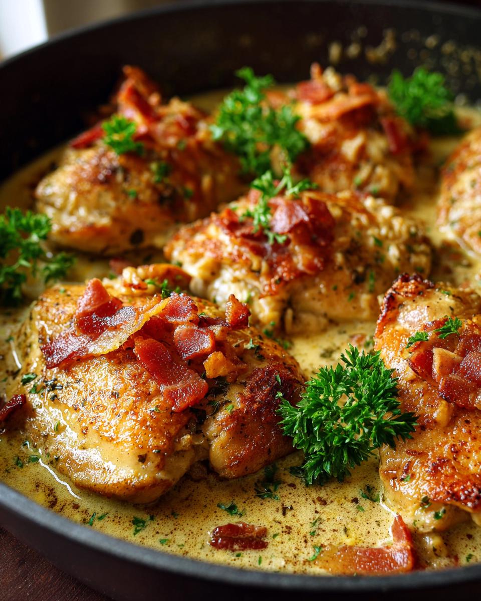 Close-up of golden-brown Bacon Garlic Parmesan Chicken pieces in a creamy sauce, garnished with parsley.