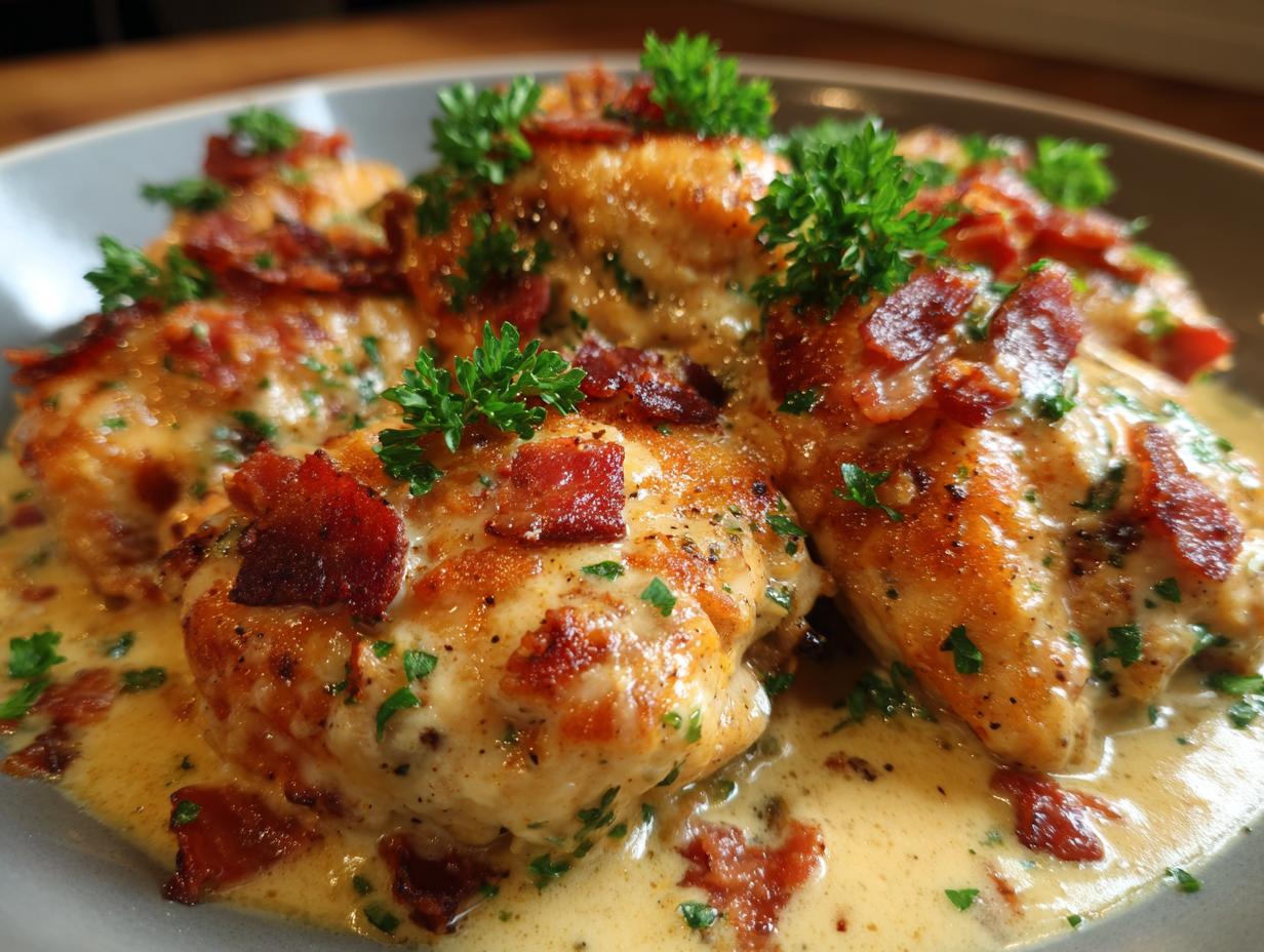 A close-up of golden-brown Bacon Garlic Parmesan Chicken pieces in a creamy sauce, topped with crispy bacon bits and fresh parsley.