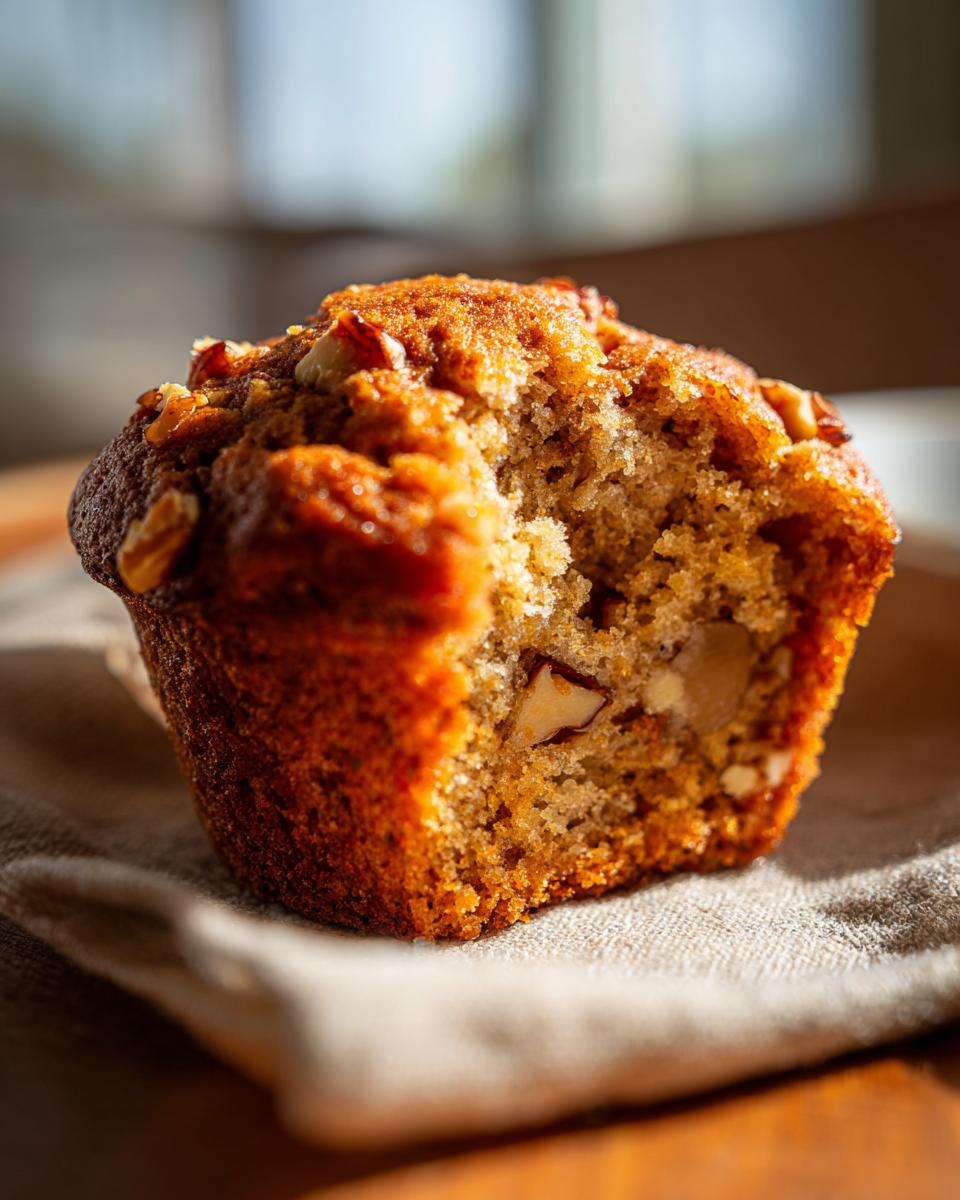 Close-up of a delicious banana nut muffin with a bite taken out, revealing moist crumb and nuts.