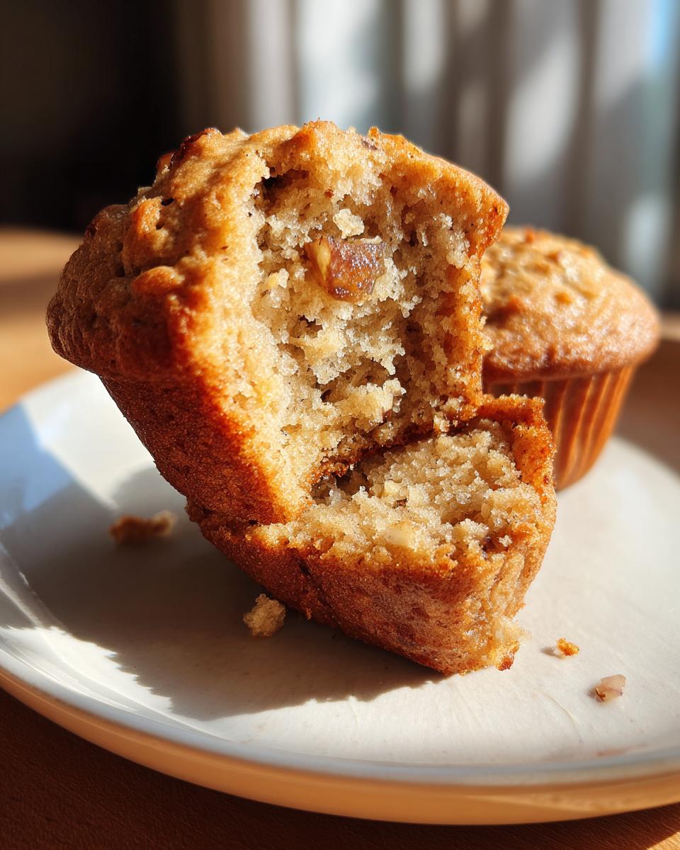 Close-up of a broken banana nut muffin showing its moist crumb and visible nuts.