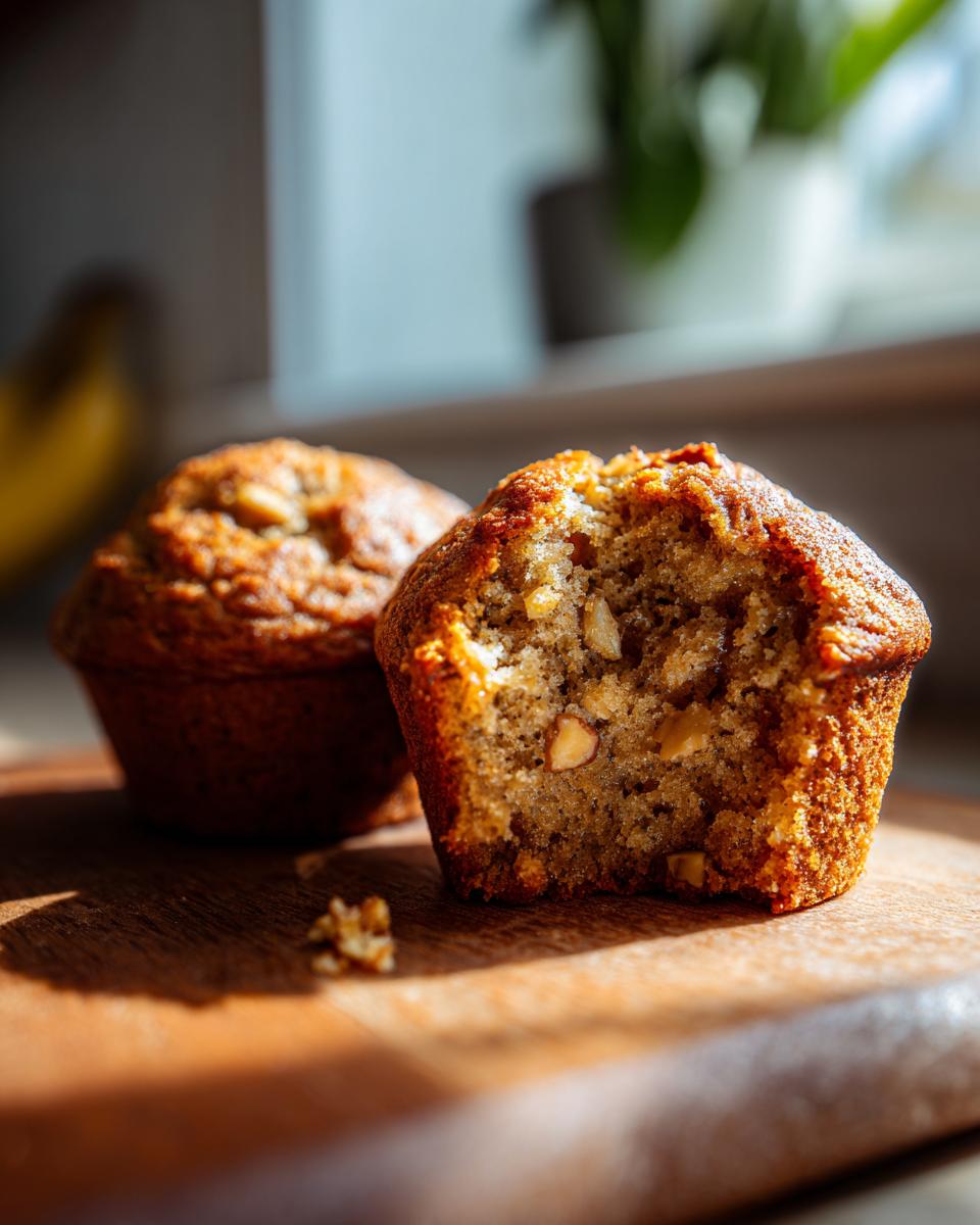 Close-up of a delicious banana nut muffin, with one muffin broken open to reveal nuts inside.