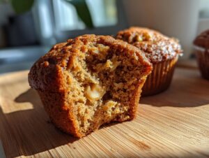 Close-up of a moist banana nut muffin with a bite taken out, revealing chunks of banana and nuts inside.