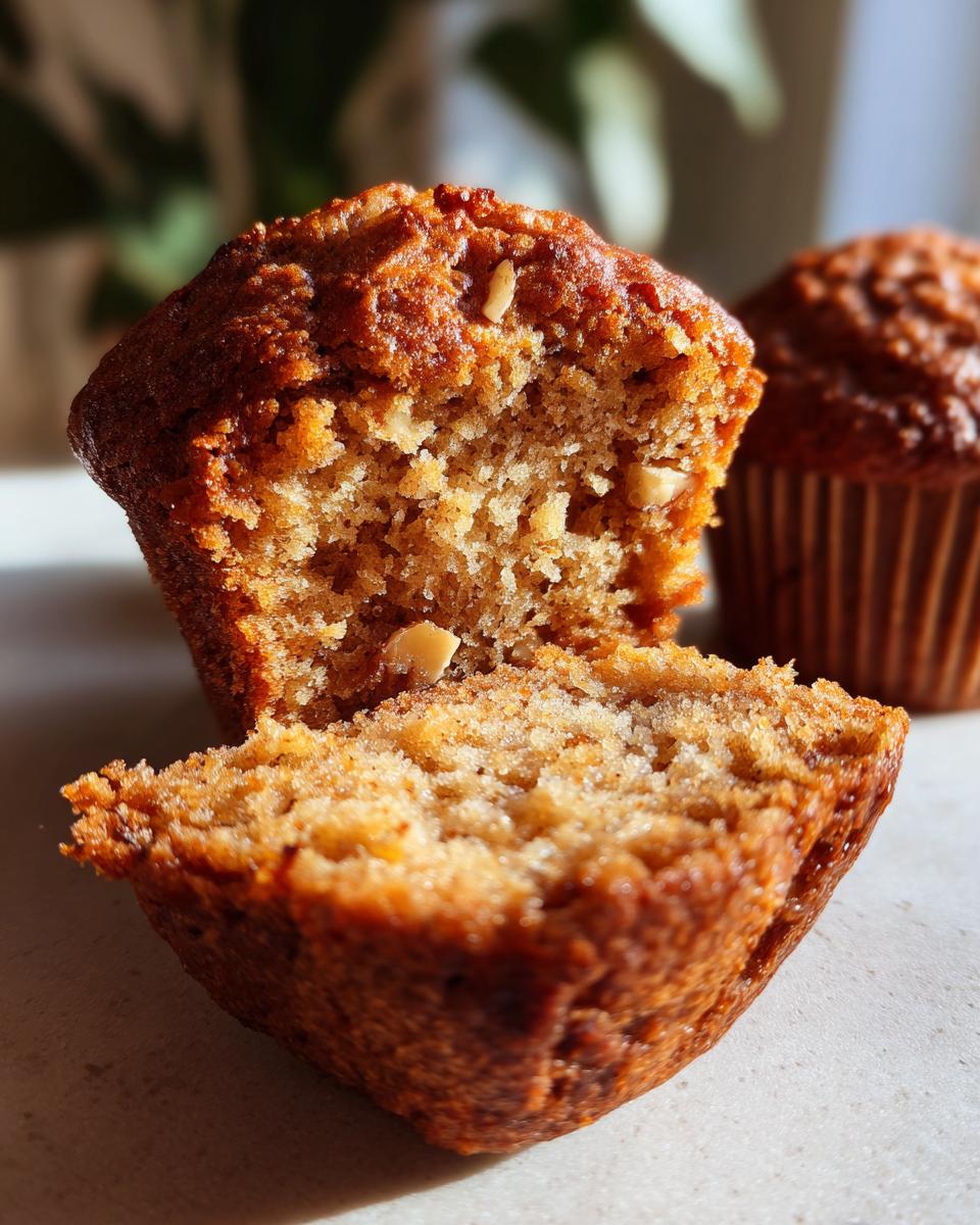Close-up of a halved banana nut muffin, revealing its moist crumb and visible nut pieces.