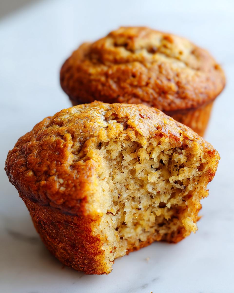 Close-up of two banana protein muffins, one with a bite taken out, revealing a moist interior.