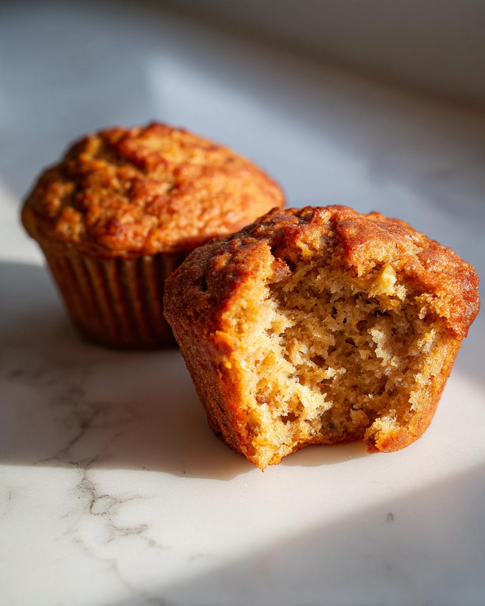Close-up of two banana protein muffins on a marble surface, with one muffin having a bite taken out.