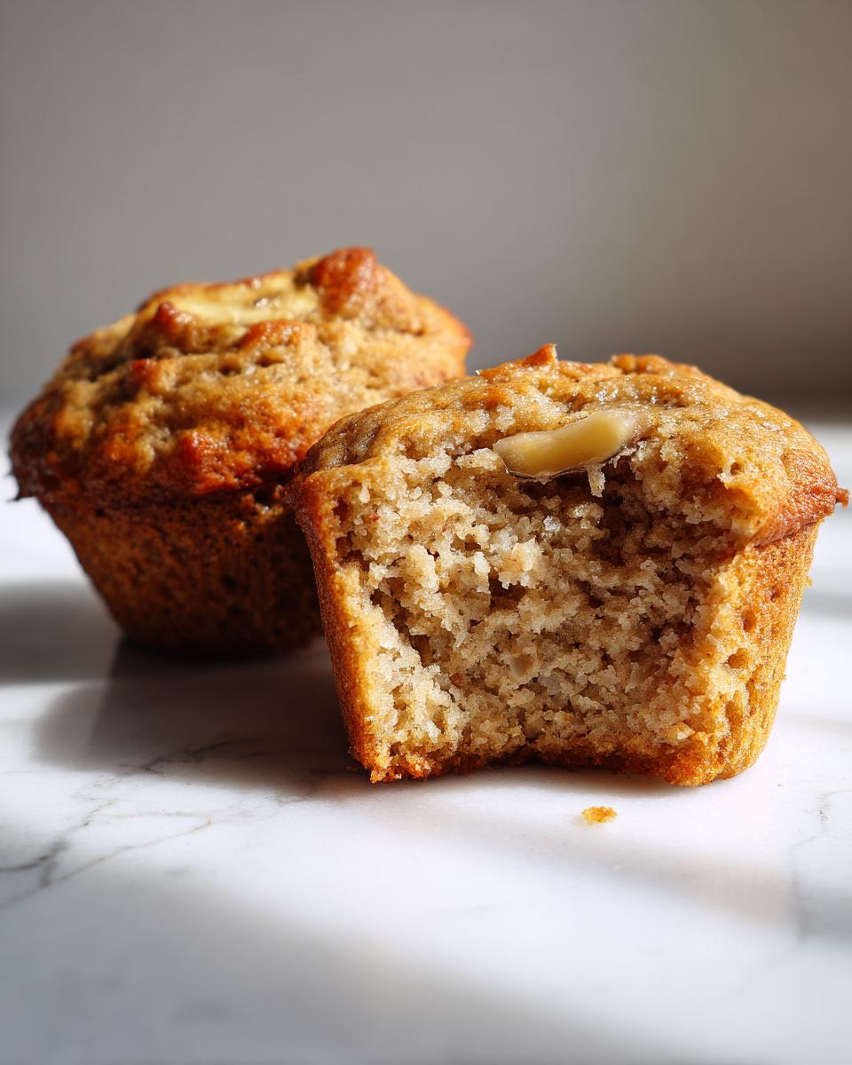 Close-up of two banana protein muffins on a marble surface, one with a bite taken out.