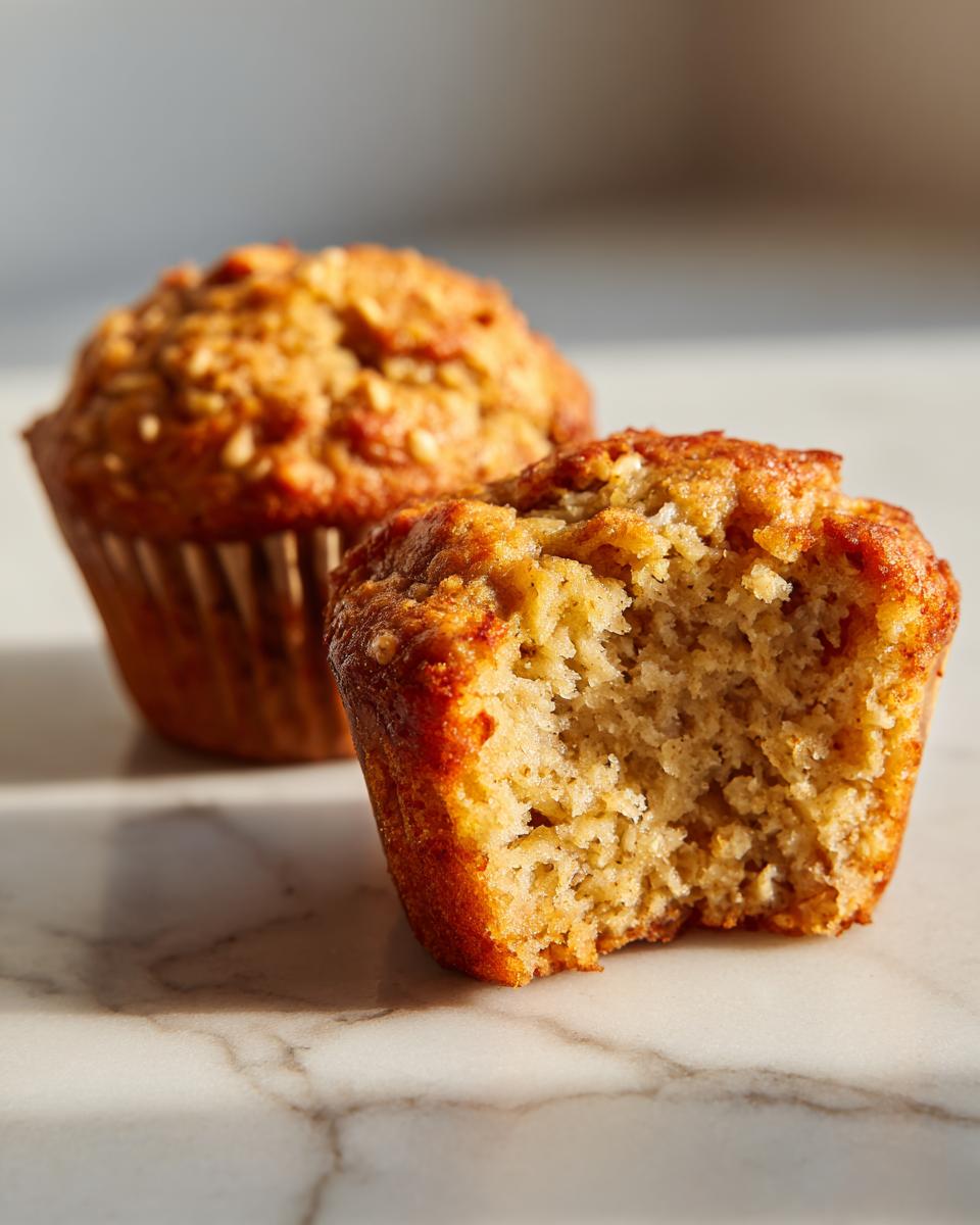 Close-up of a delicious banana protein muffin with a bite taken out, showing its moist interior. Another muffin is in the background.