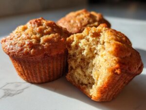 Close-up of two banana protein muffins, one broken in half to show the moist interior.