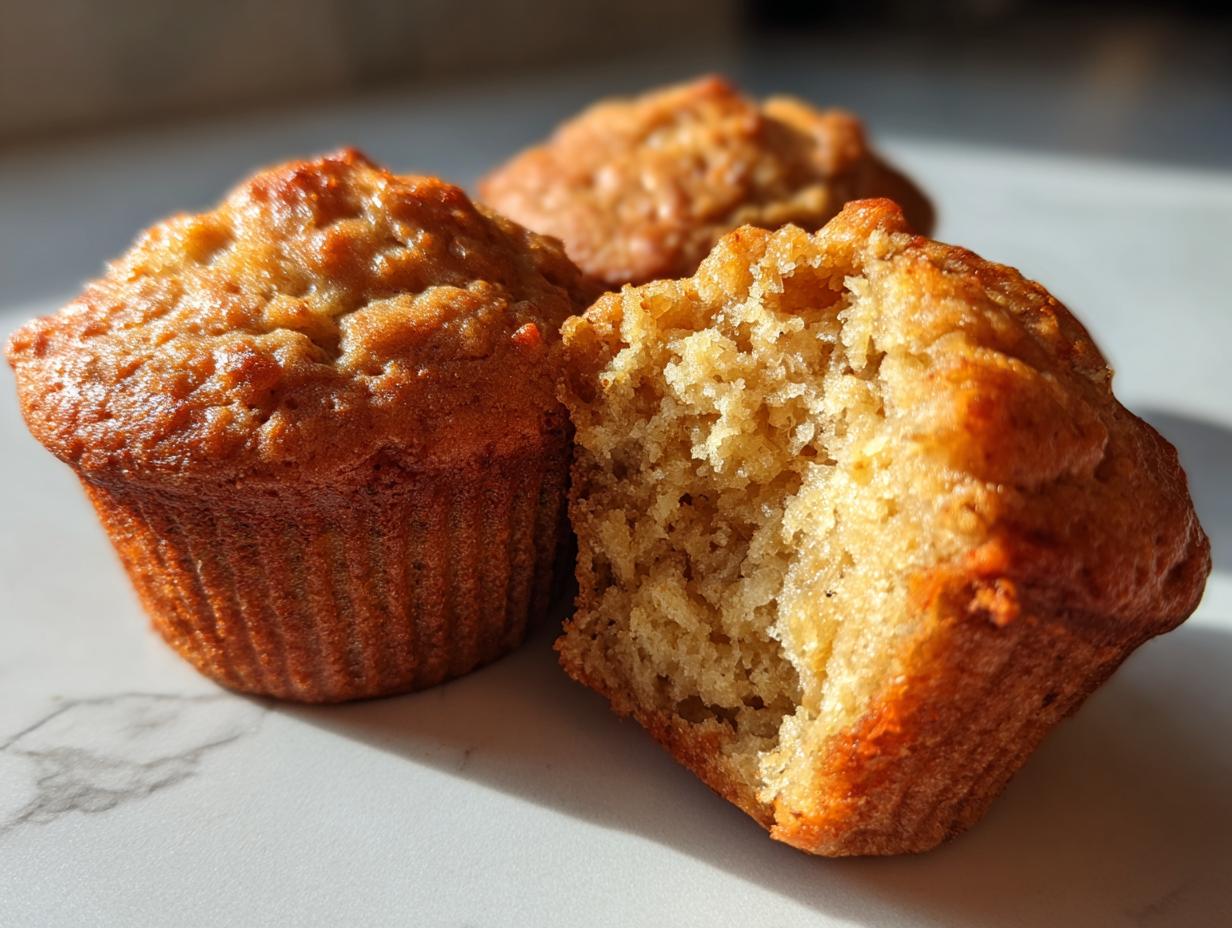 Close-up of two banana protein muffins, one broken in half to show the moist interior.