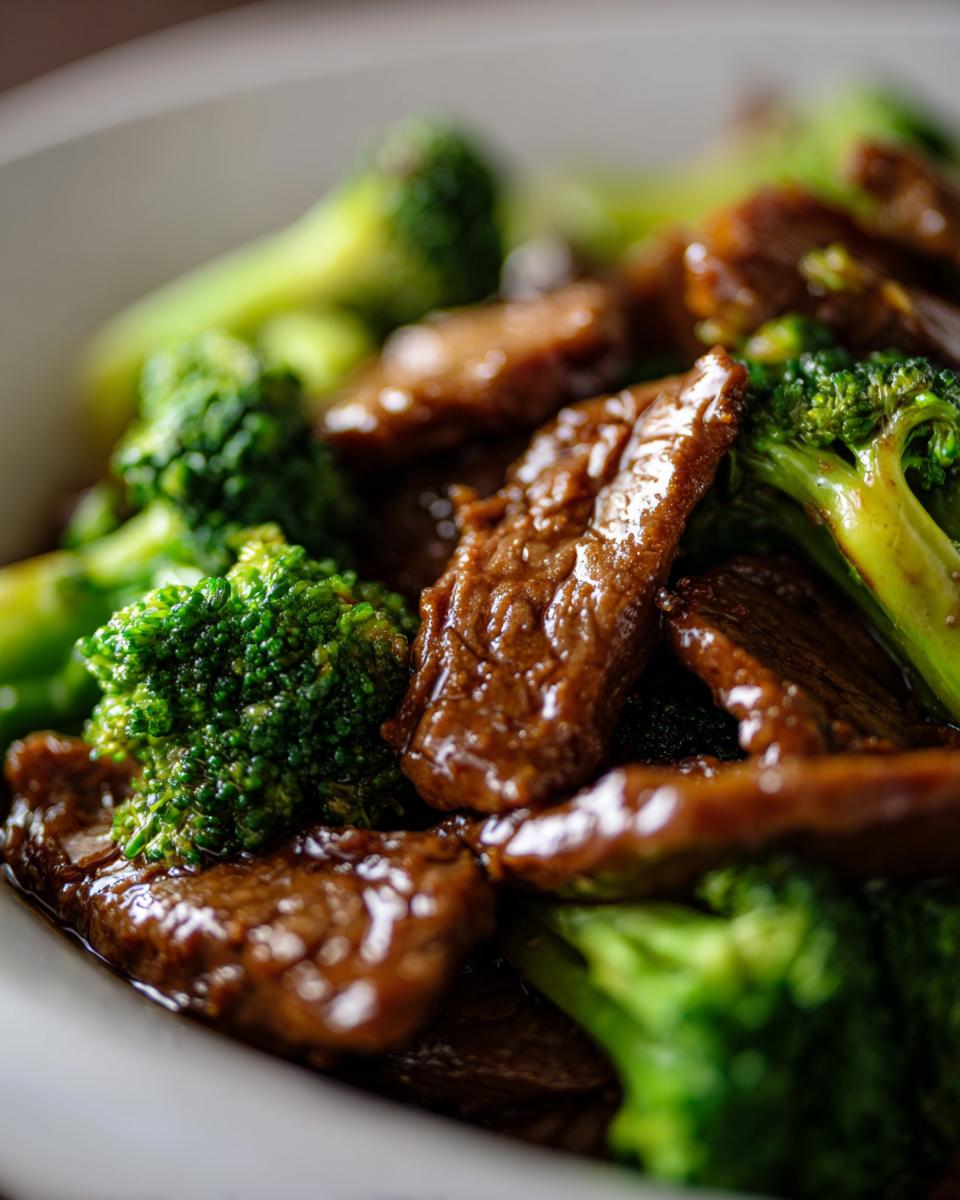 Close-up of tender slices of beef and vibrant green broccoli florets coated in a glossy sauce.