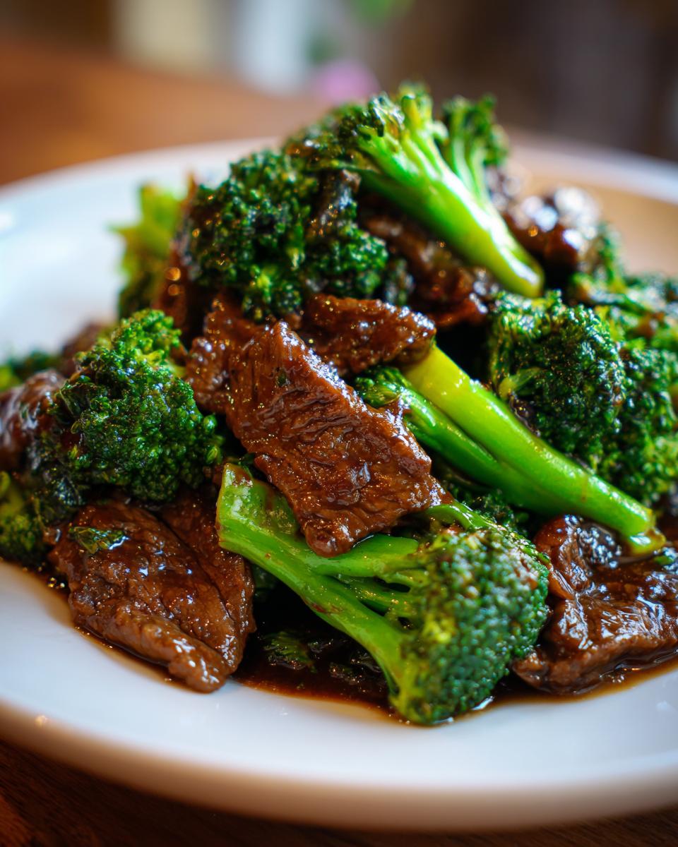 A close-up of a savory beef and broccoli stir-fry in a glossy sauce, served on a white plate.