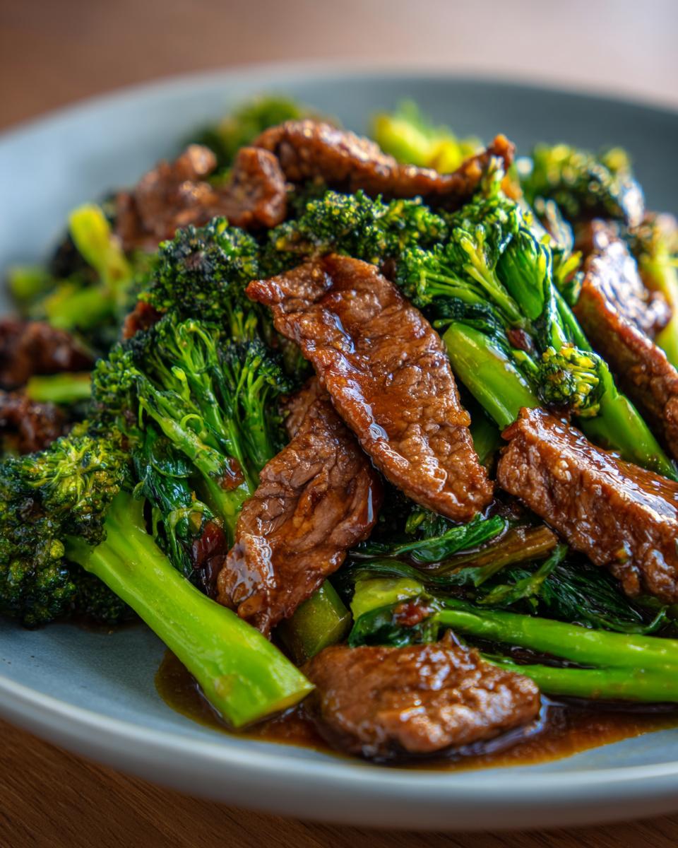 Close-up of tender slices of beef and vibrant broccoli florets coated in a savory sauce, showcasing the beef and broccoli dish.