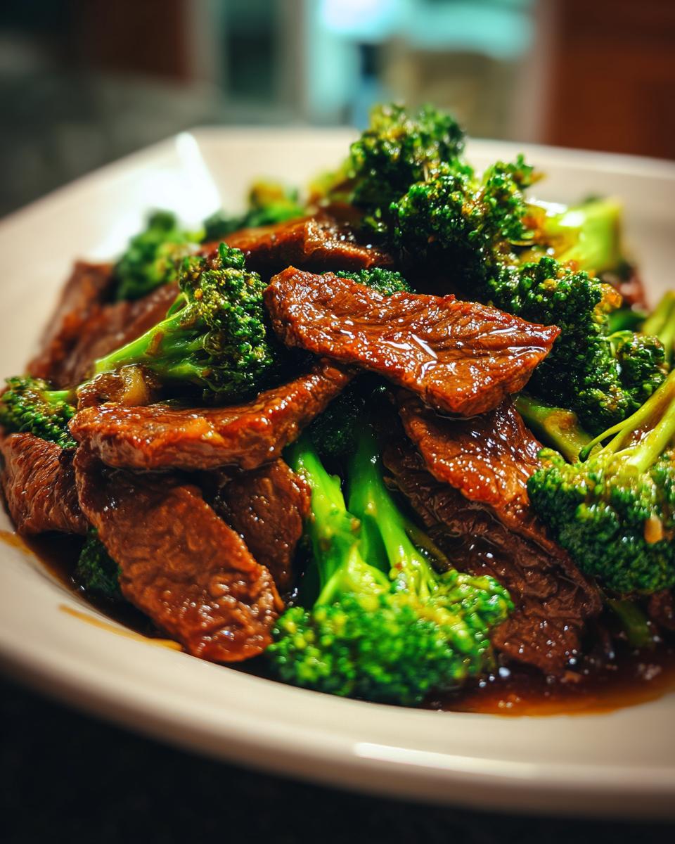 Close-up of tender slices of beef and vibrant broccoli florets coated in a glossy sauce, a delicious beef and broccoli dish.