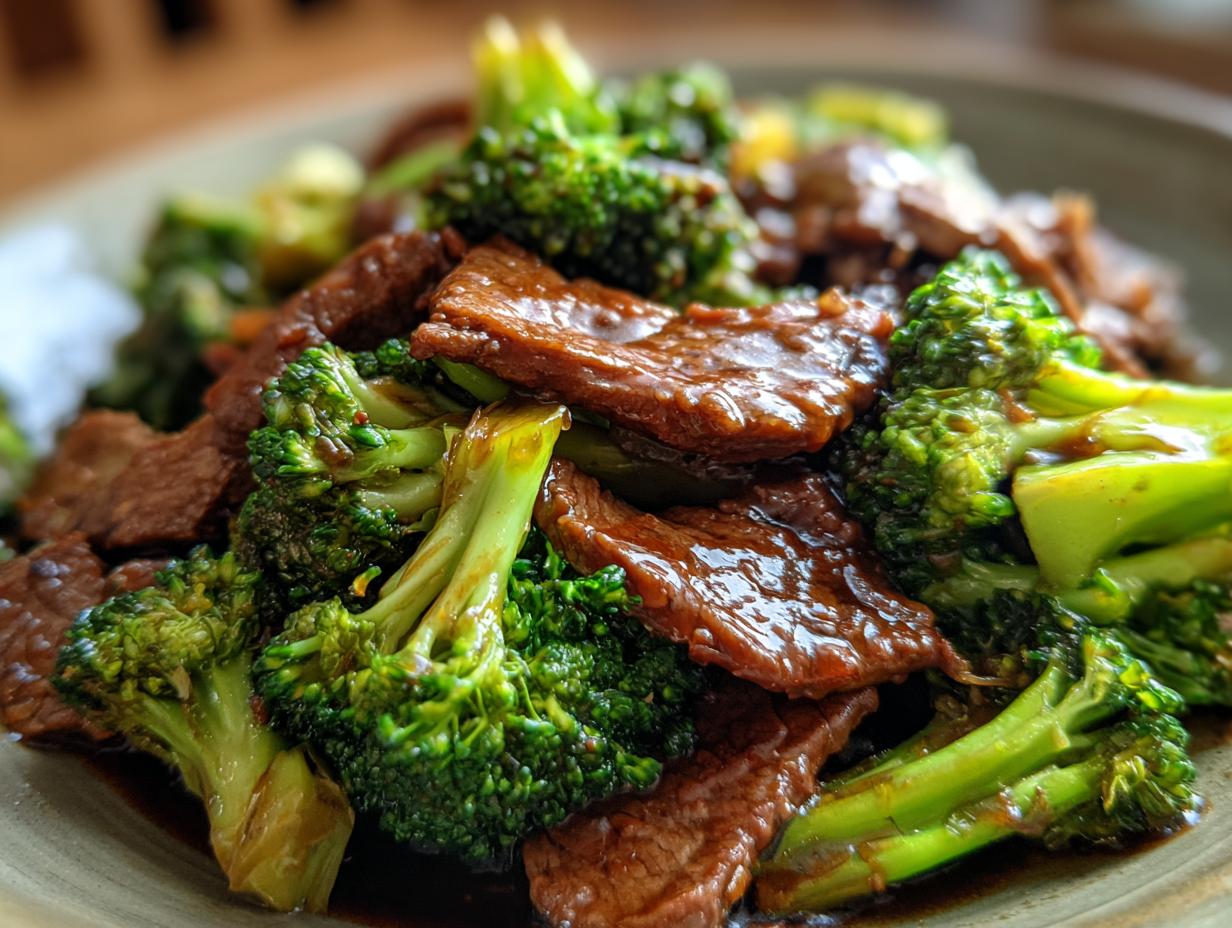 Close-up of a savory beef and broccoli stir-fry in a glossy sauce, showcasing tender beef strips and vibrant green broccoli florets.