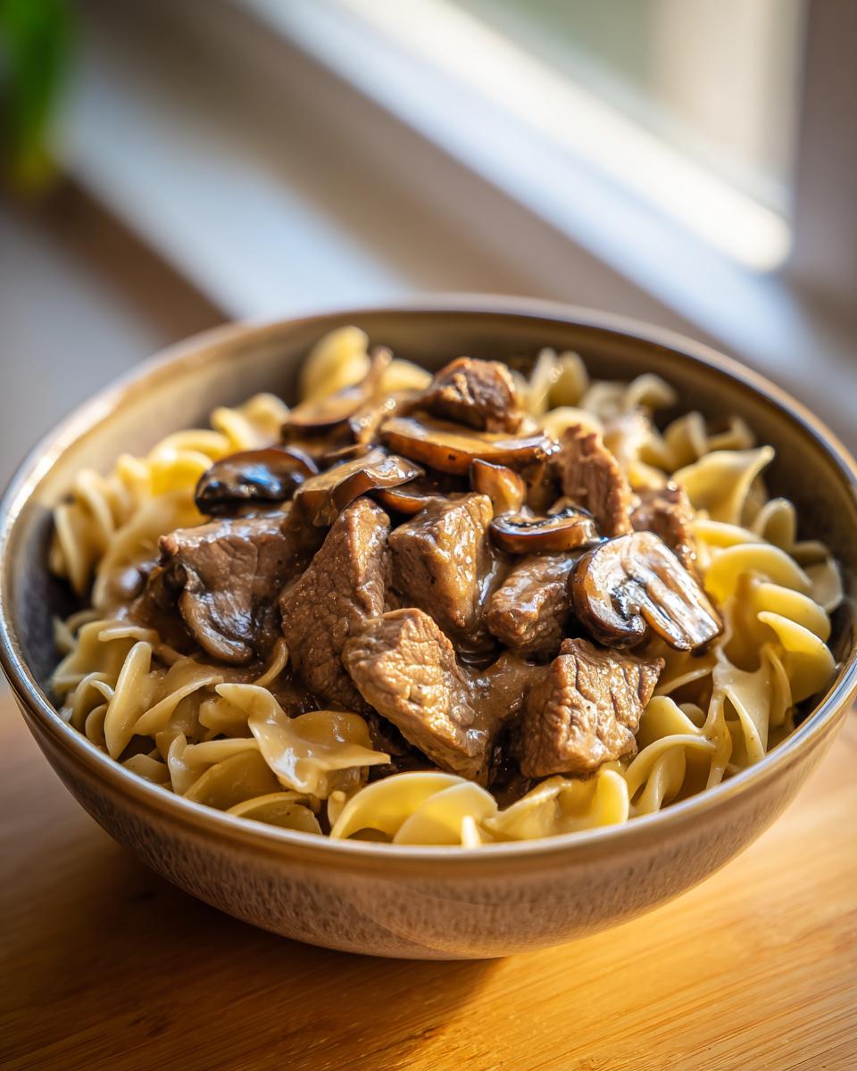 A close-up of a bowl filled with tender beef stroganoff, sliced mushrooms, and egg noodles.