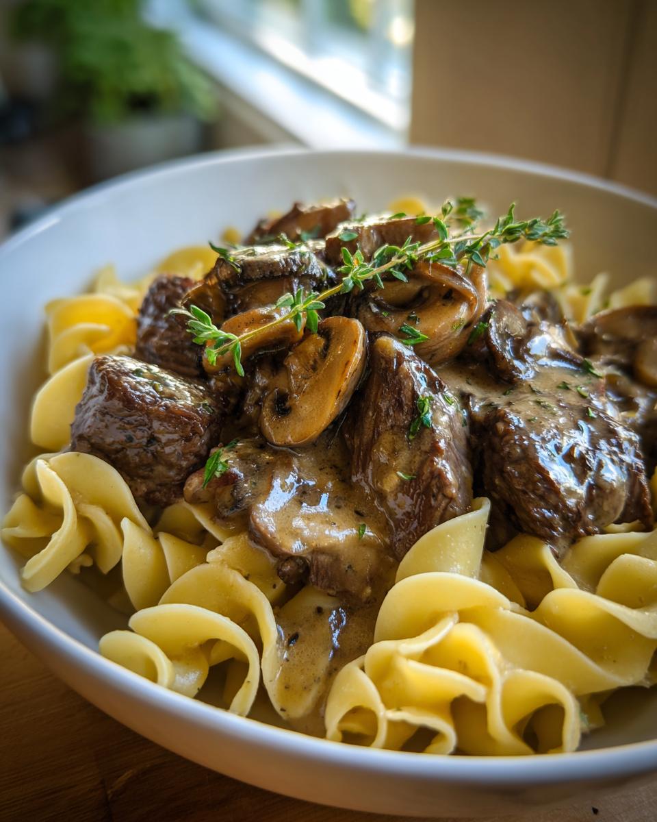A close-up of a bowl filled with tender beef stroganoff, sliced mushrooms, and egg noodles, garnished with fresh thyme.