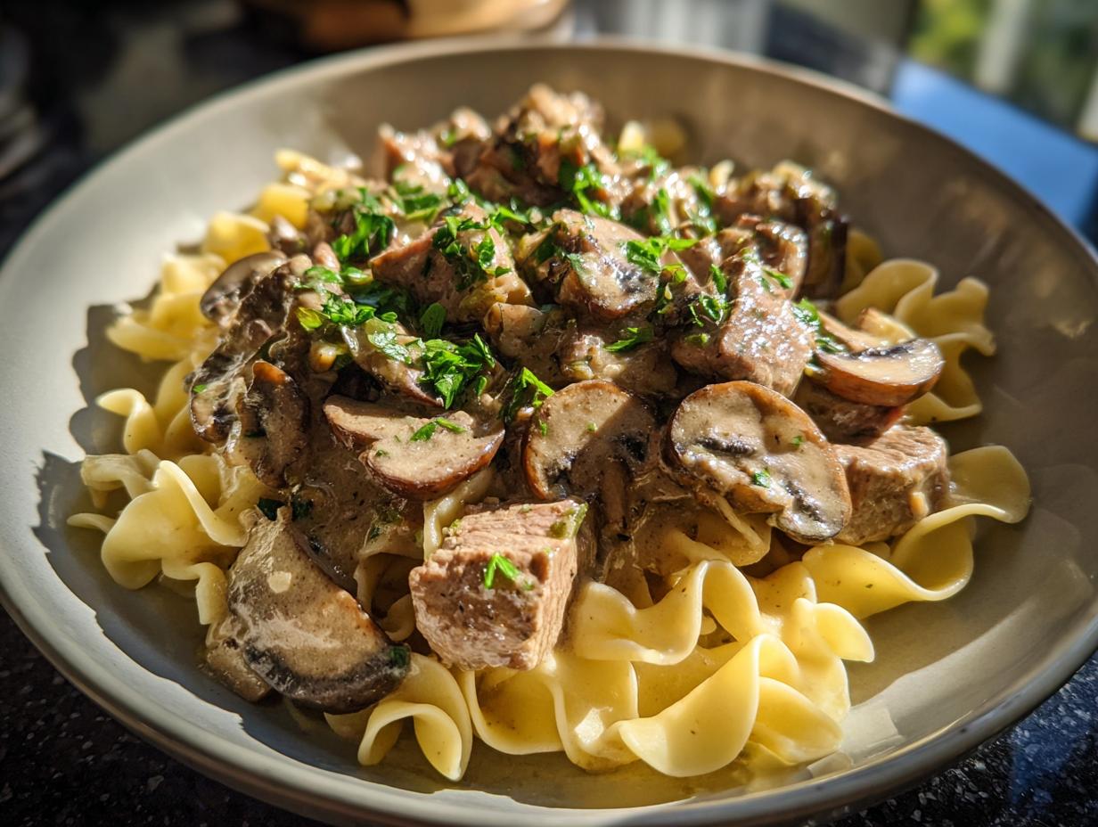 A close-up of a bowl of beef stroganoff served over egg noodles, topped with mushrooms and fresh parsley.