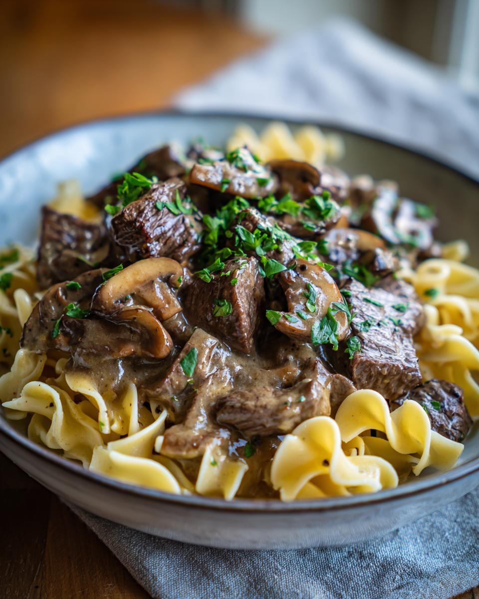 A close-up of a bowl of beef stroganoff served over egg noodles, topped with mushrooms and fresh parsley.