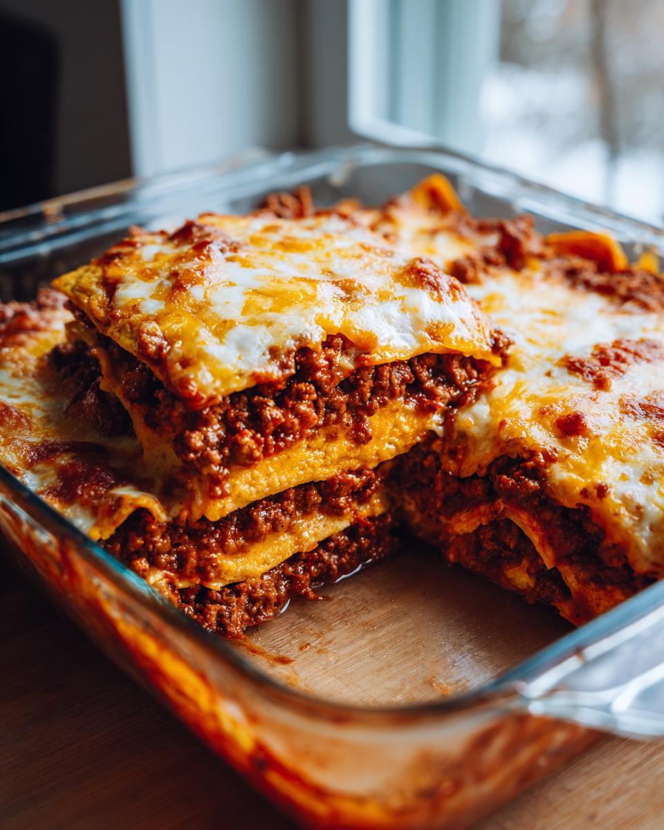 Close-up of a delicious beef taco casserole with layers of meat and cheese.