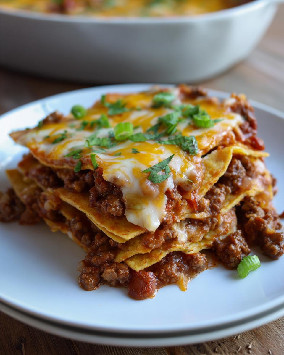 A close-up of a hearty slice of beef taco casserole, layered with tortillas, seasoned ground beef, and melted cheese, garnished with green onions.