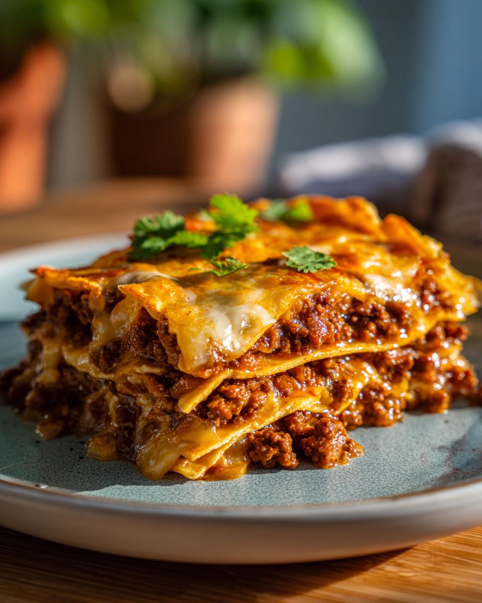 A close-up of a layered Beef Taco Casserole on a plate, garnished with fresh cilantro.