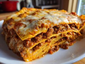 A close-up view of a layered slice of beef taco casserole, showing the rich meat filling and melted cheese.