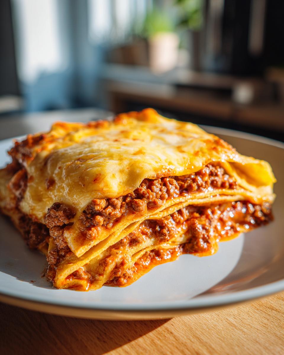A close-up shot of a slice of beef taco casserole, featuring layers of pasta, seasoned ground beef, and melted cheese.