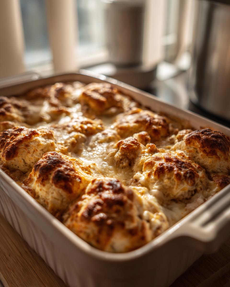Close-up of a golden brown biscuits and gravy casserole baked in a rectangular dish, bubbling with melted cheese.