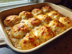 A golden-brown baked biscuits and gravy casserole, bubbling with melted cheese in a rectangular baking dish.
