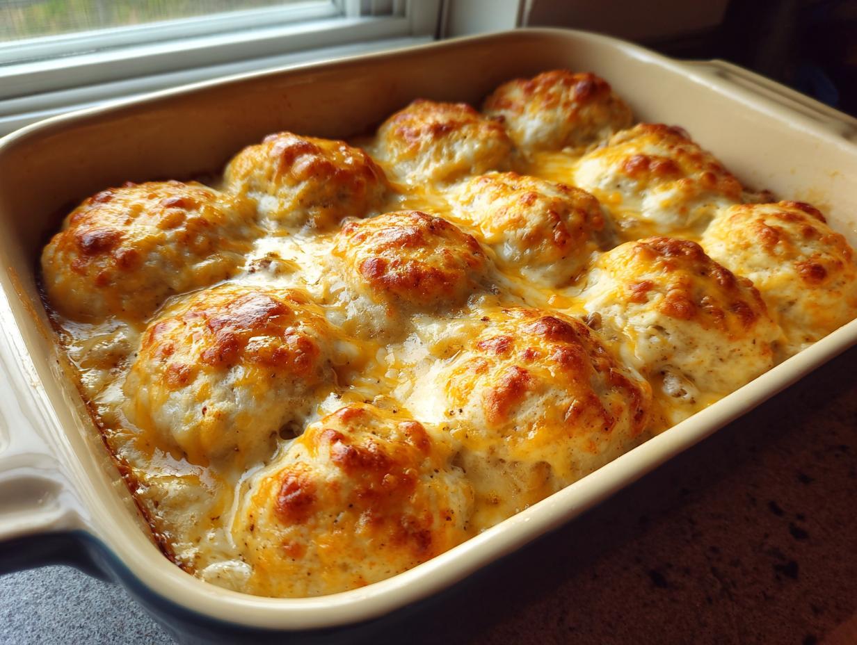 A golden-brown baked biscuits and gravy casserole, bubbling with melted cheese in a rectangular baking dish.