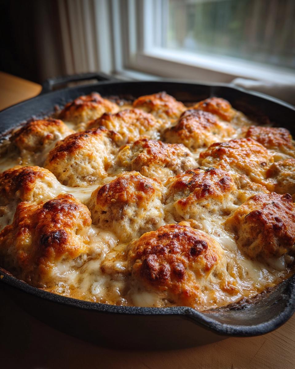 Close-up of a bubbling biscuits and gravy casserole baked in a cast iron skillet, with golden-brown biscuits.