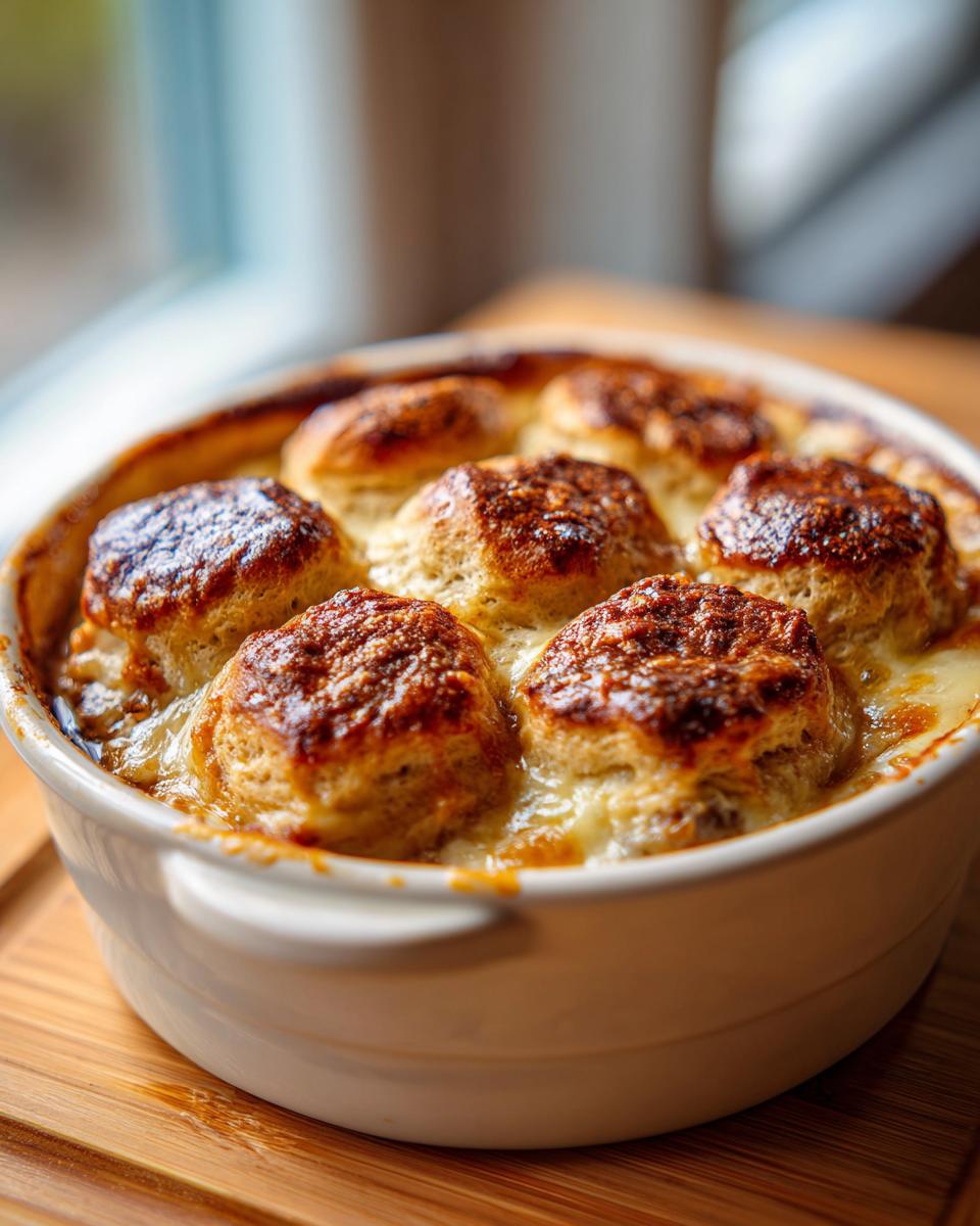 Close-up of a bubbling biscuits and gravy casserole in a white dish, topped with golden-brown biscuits.