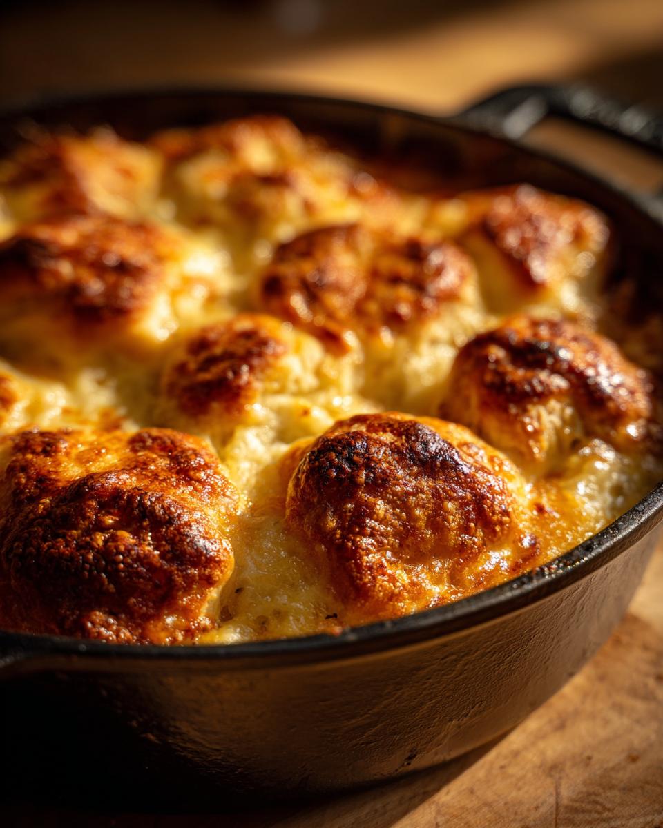 Close-up of a golden brown biscuits and gravy casserole baked in a cast iron skillet.