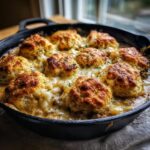 Close-up of a golden brown biscuits and gravy casserole baked in a cast iron skillet, topped with melted cheese.