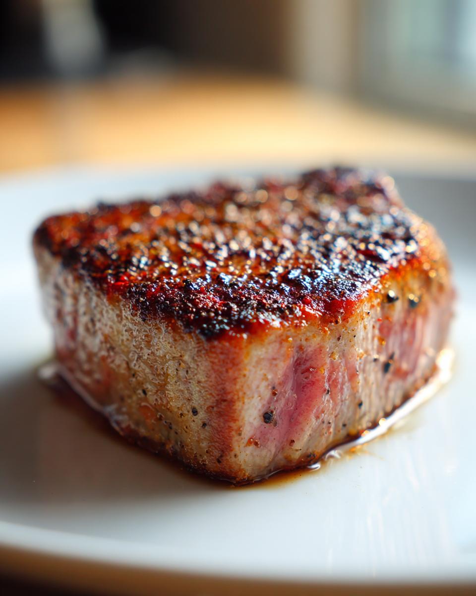 Close-up of a perfectly cooked Blackened Tuna Steak on a white plate, showcasing its crust and pink interior.