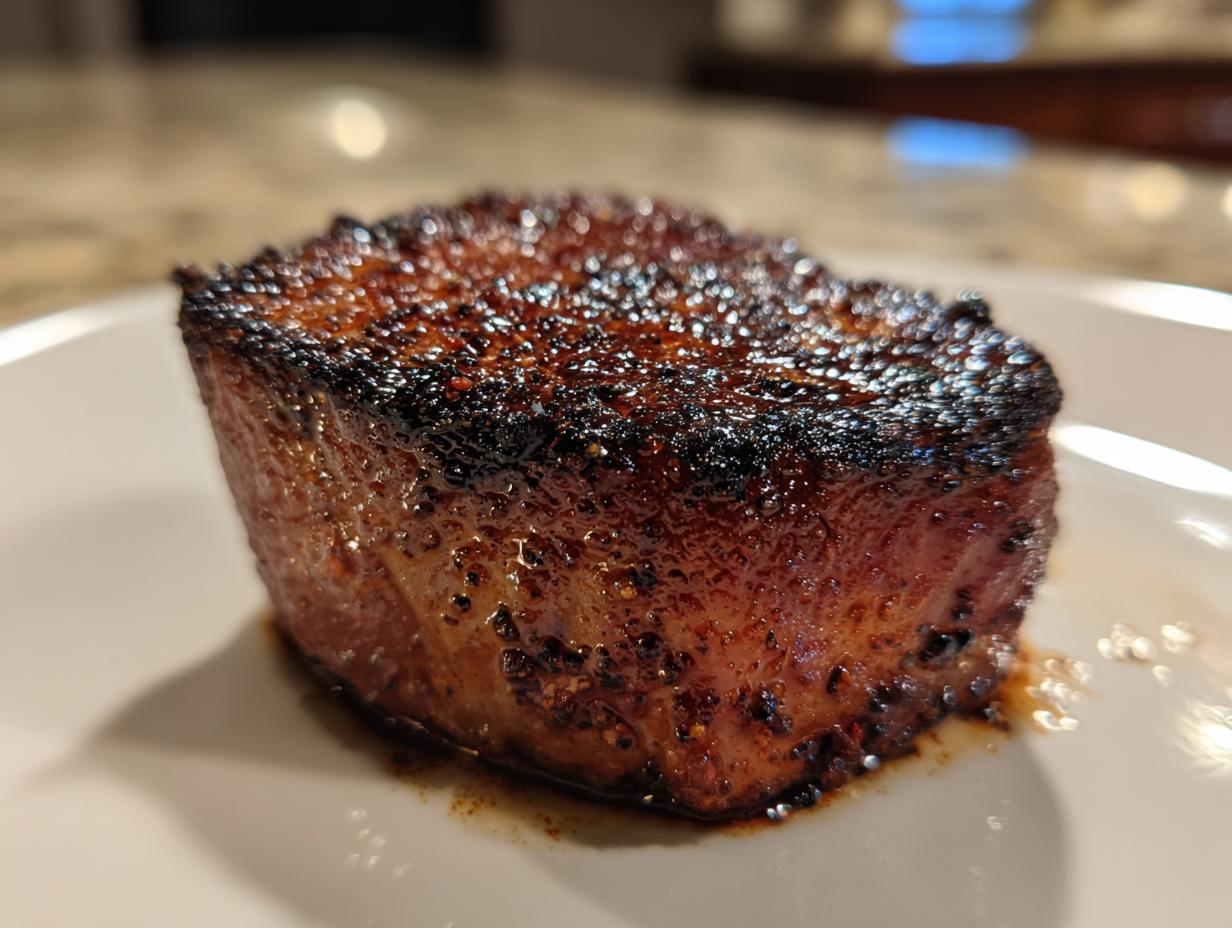 A perfectly cooked Blackened Tuna Steak on a white plate, showcasing its dark, seasoned crust and moist interior.