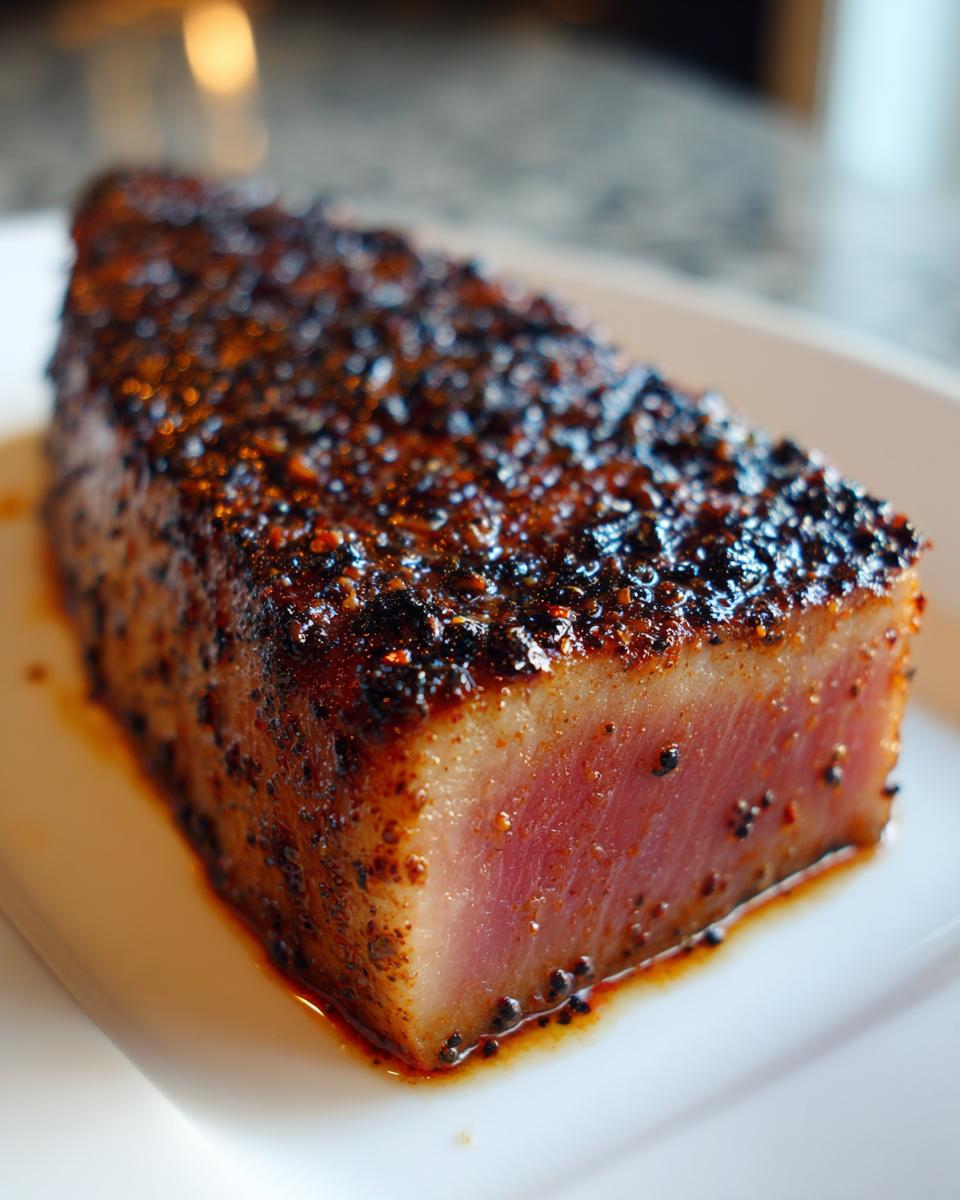 A close-up of a perfectly cooked Blackened Tuna Steak on a white plate, showing its seared crust and pink interior.