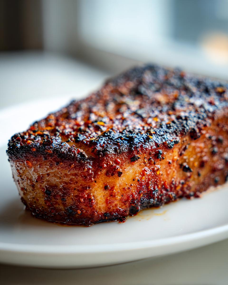 A perfectly cooked Blackened Tuna Steak with a dark, seasoned crust, resting on a white plate.