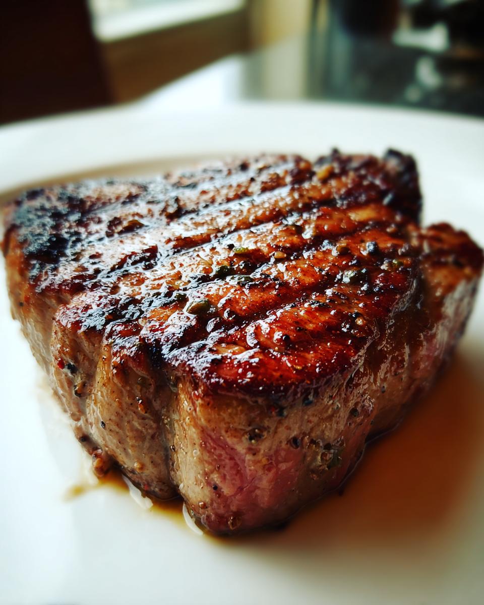 Close-up of a juicy, perfectly seared Blackened Tuna Steak with grill marks on a white plate.