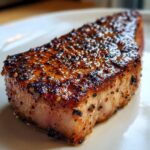A close-up, mouthwatering view of a perfectly cooked Blackened Tuna Steak on a white plate, showcasing its seared crust.