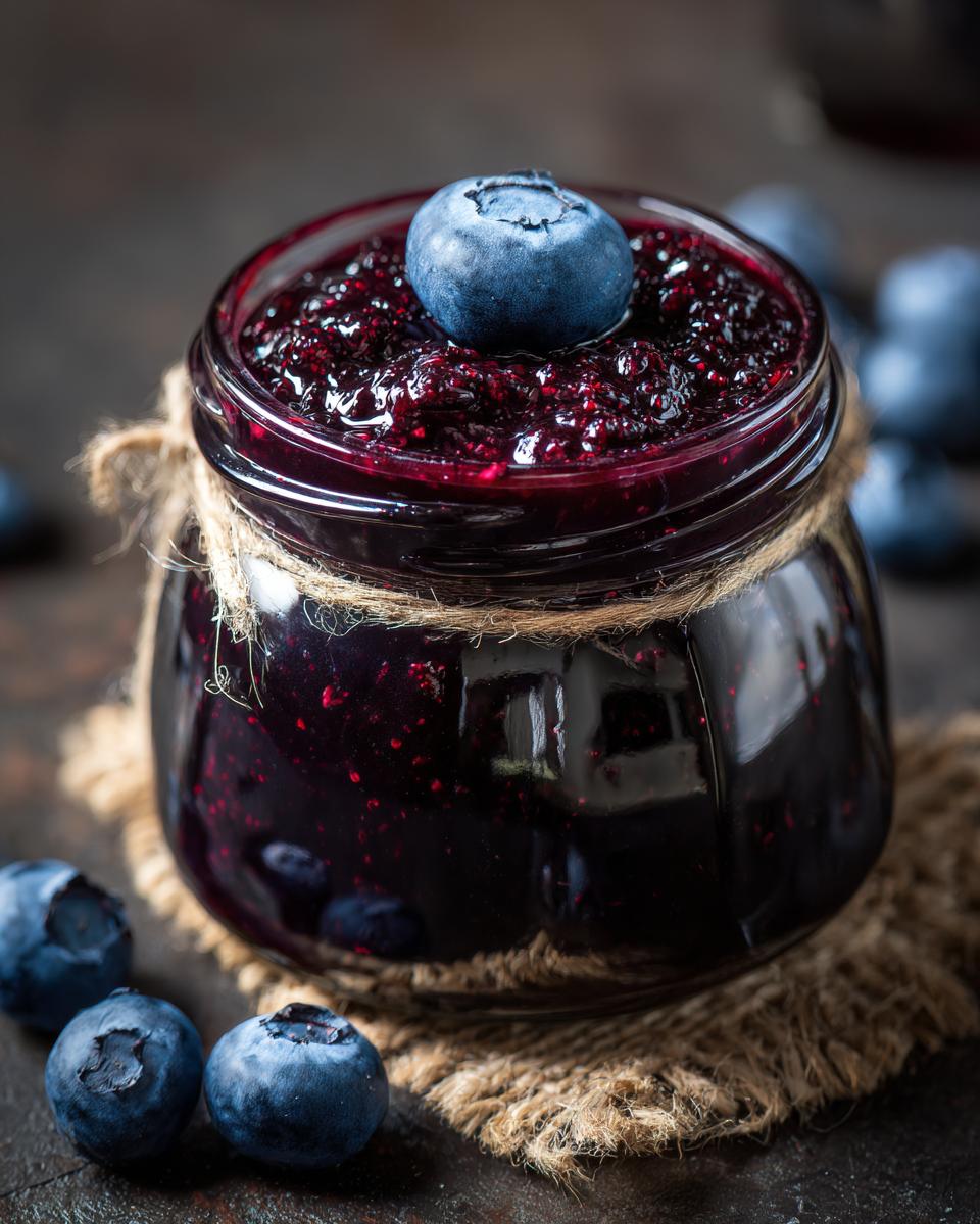 Close-up of a jar filled with glistening blueberry jam, topped with a fresh blueberry and tied with twine.
